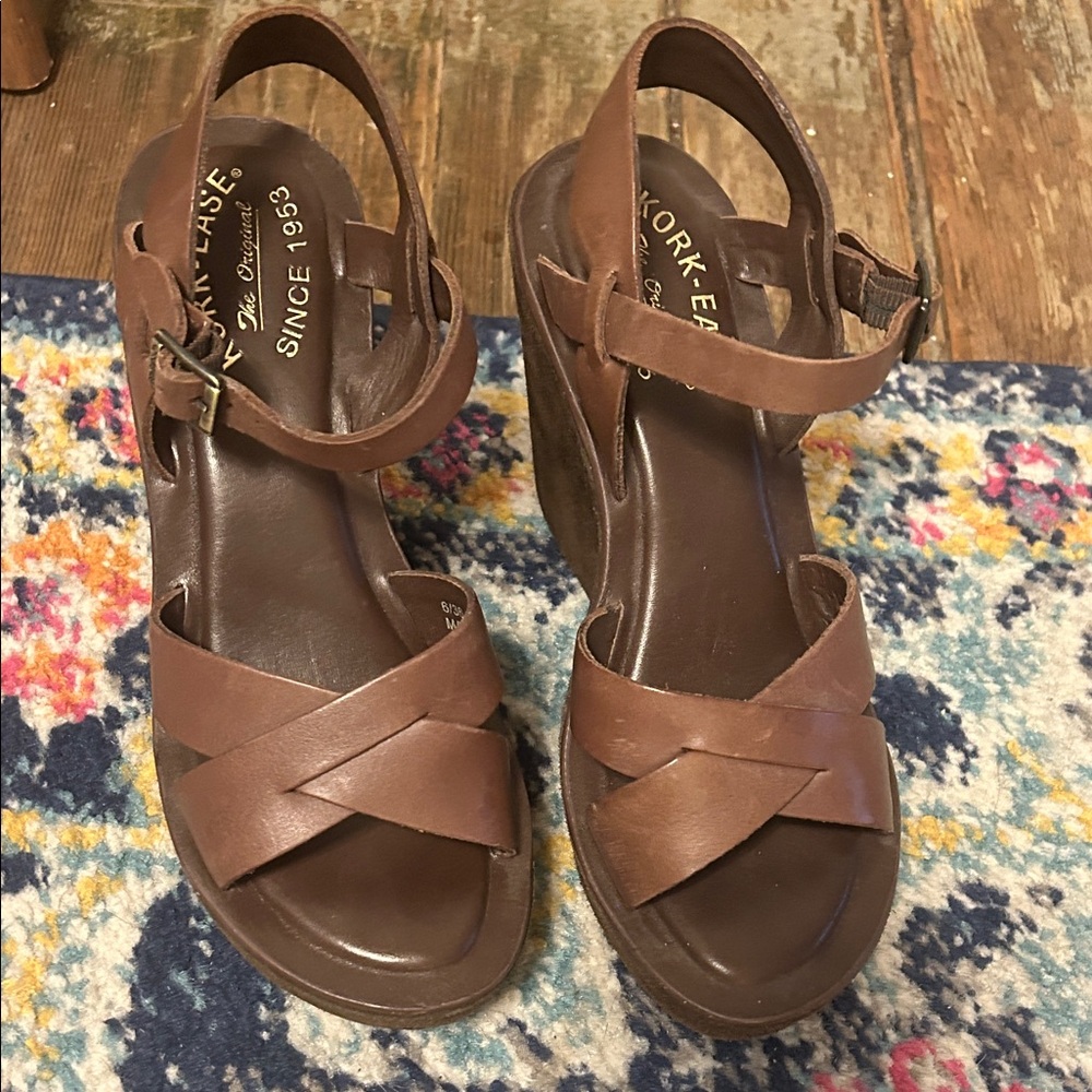 Kork-Ease Brown Leather Wedge Sandals